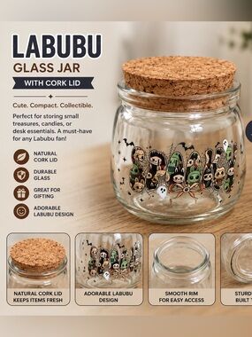 LABUBU Glass Jar with Cork Lid - Clear Glass with Multicolor Design 3In tall